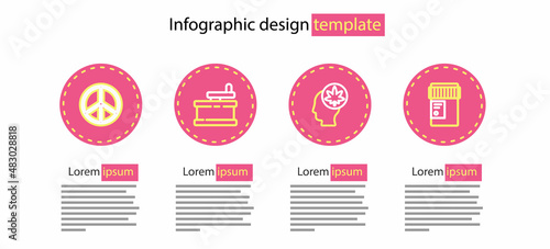 Set line Head with marijuana or cannabis, Medical bottle, Manual grinder and Peace icon. Vector