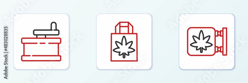 Set line Marijuana and cannabis store, Manual grinder and Shopping paper bag of marijuana icon. Vector