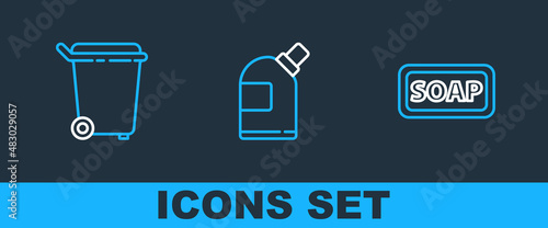 Set line Bar of soap, Trash can and Bottles for cleaning agent icon. Vector
