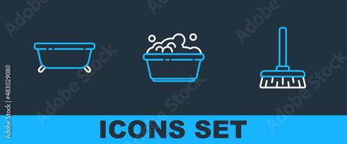Set line Handle broom, Bathtub and Plastic basin with soap suds icon. Vector