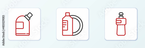 Set line Dishwashing liquid bottle, Bottles for cleaning agent and and plate icon. Vector