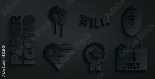 Set Medal with star, American Football ball, USA Independence day, Calendar date July 4, Carnival garland flags and Balloons icon. Vector