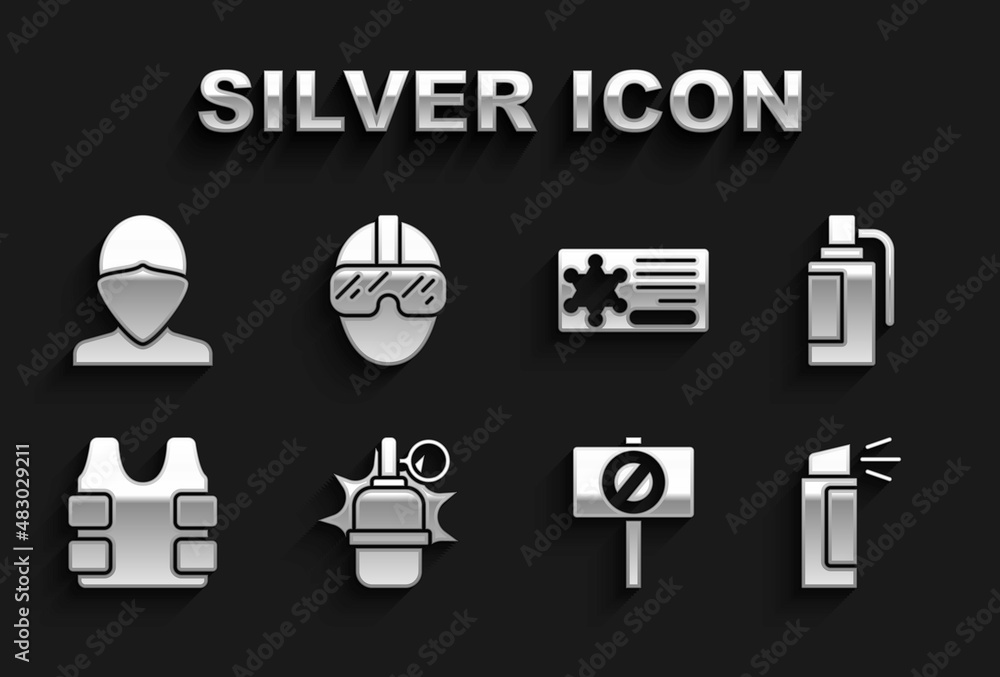 Set Hand grenade, Pepper spray, Protest, Bulletproof vest, Police badge, Vandal and Special forces soldier icon. Vector Set Hand grenade, Pepper spray, Protest, Bulletproof vest, Police badge, Vandal and Special forces soldier icon. Vector
