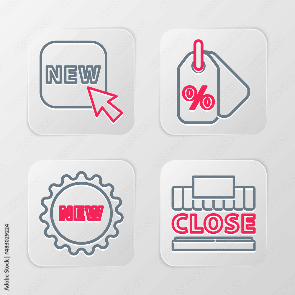 Set line Shopping building and text closed, Price tag with New, Discount percent and Button icon. Vector Set line Shopping building and text closed, Price tag with New, Discount percent and Button icon. Vector