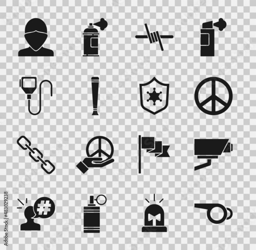 Set Whistle, Security camera, Peace, Barbed wire, Police rubber baton, Walkie talkie, Vandal and badge icon. Vector