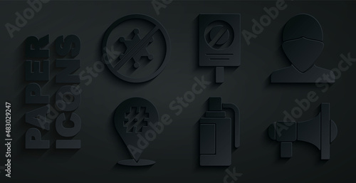 Set Hand grenade, Vandal, Protest, Megaphone, and icon. Vector