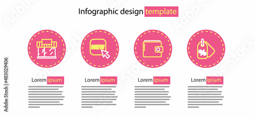 Set line Wallet, Discount percent tag, Button with text New and Shopping building or market store icon. Vector