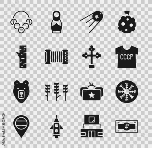 Set Russian ruble banknote, Snowflake, USSR t-shirt, Satellite, Accordion, Birch tree, bagels and Christian cross icon. Vector