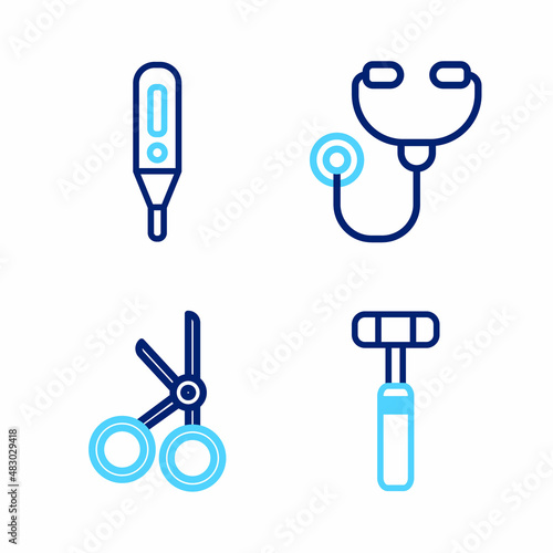 Set line Neurology reflex hammer, Medical scissors, Stethoscope and digital thermometer icon. Vector