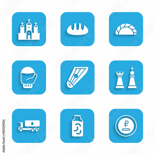 Set Kankles, Pickled cucumbers in jar, Rouble, ruble currency, Chess, Tanker truck, Christmas mitten, Dumpling and Church building icon. Vector