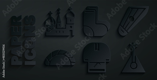 Set Kosovorotka, Kankles, Dumpling, Balalaika, Valenki and Saint Basil's Cathedral icon. Vector