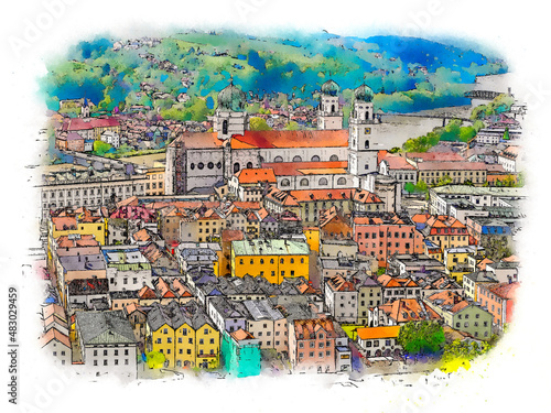 Panoramic view of the old town of Passau  Germany  color sketch illustration.