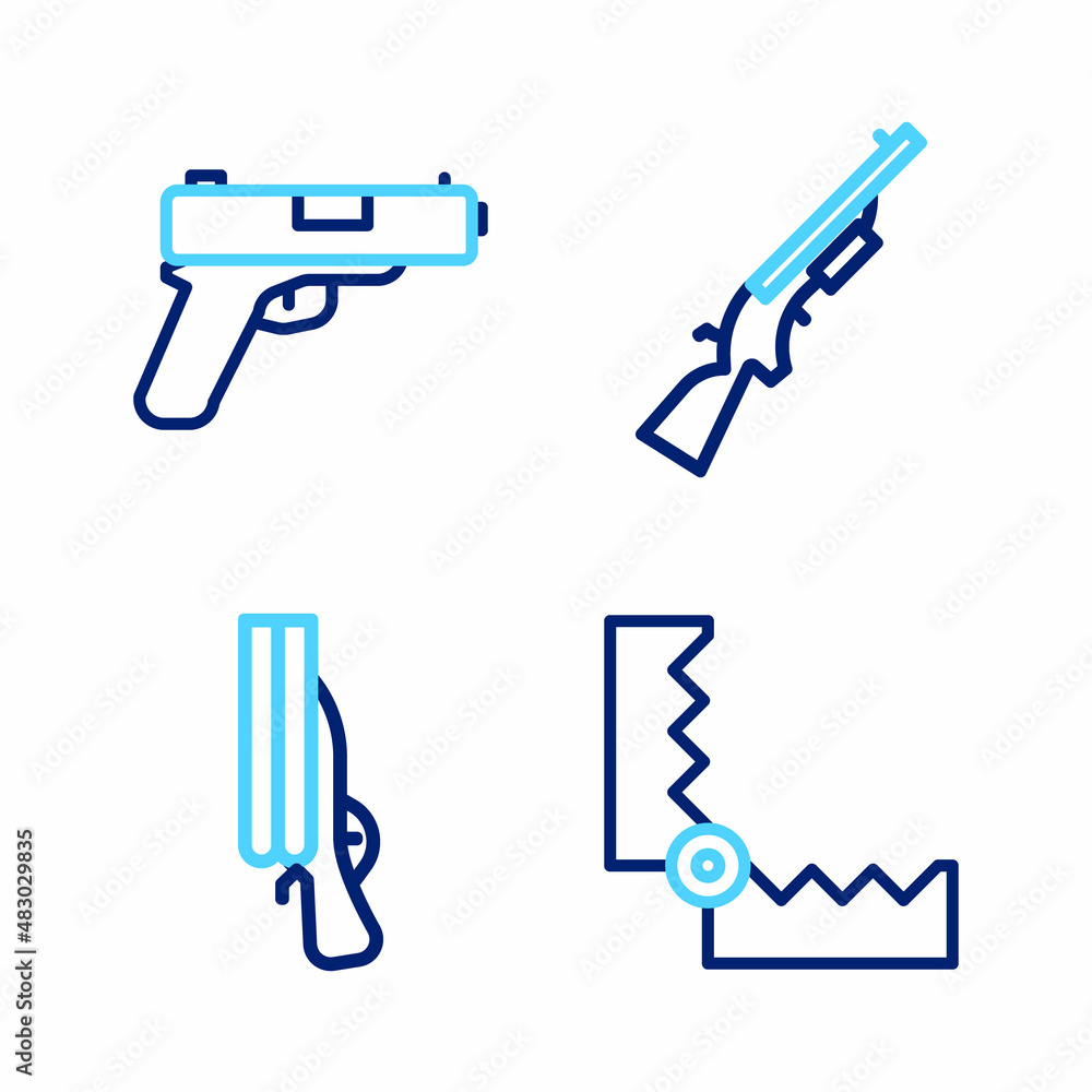Set line Trap hunting, Shotgun, and Pistol or icon. Vector