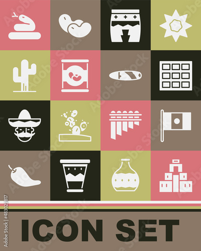 Set Chichen Itza in Mayan, Mexico flag, Chocolate bar, Huehuetl, Beans can, Cactus, Snake and Cigar icon. Vector