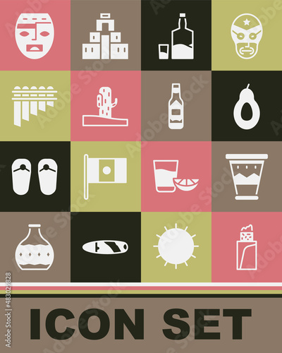 Set Burrito, Mexican drum, Avocado, Tequila bottle and glass, Cactus, Pan flute, Aztec mask and Tabasco sauce icon. Vector