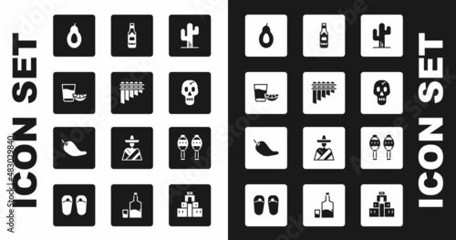 Set Cactus, Pan flute, Tequila glass with lemon, Avocado, Skull, Tabasco sauce, Maracas and Hot chili pepper pod icon. Vector