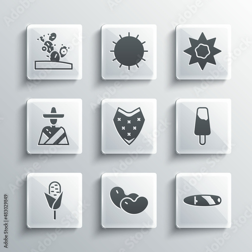 Set Beans, Cigar, Popsicle ice cream, Poncho, Corn, Mexican man sombrero, Cactus and Sun icon. Vector