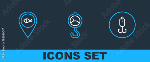 Set line Fishing hook, Location fishing and Spring scale icon. Vector