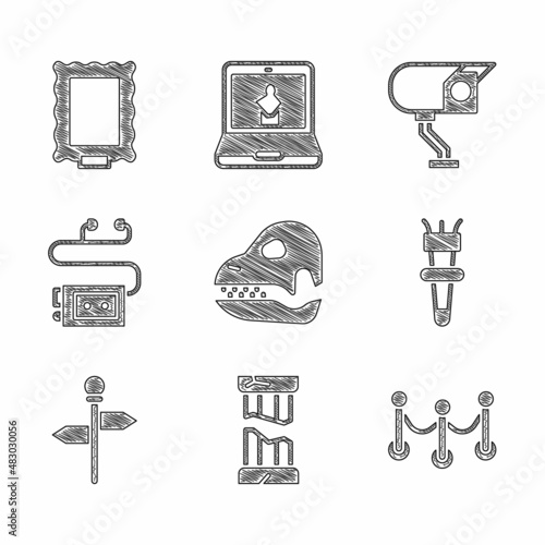 Set Dinosaur skull, Broken ancient column, Rope barrier, Torch flame, Road traffic signpost, Museum audio guide, Security camera and Picture icon. Vector