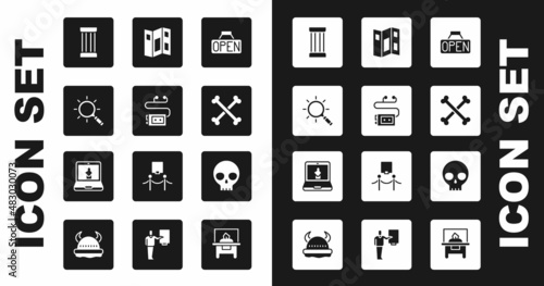 Set Hanging sign with Open, Museum audio guide, Magnifying glass, Ancient column, Crossed human bones, brochure, Human skull and Online museum icon. Vector