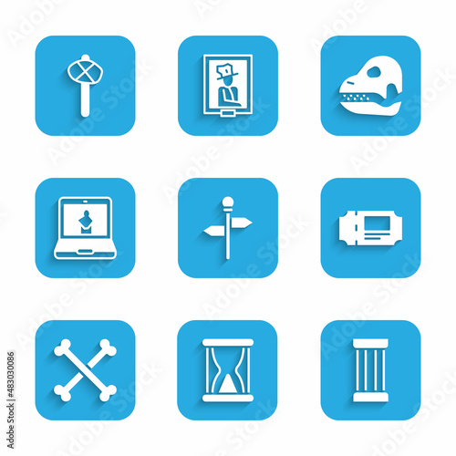 Set Road traffic signpost, Old hourglass with sand, Ancient column, Museum ticket, Crossed human bones, Online museum, Dinosaur skull and Stone age hammer icon. Vector