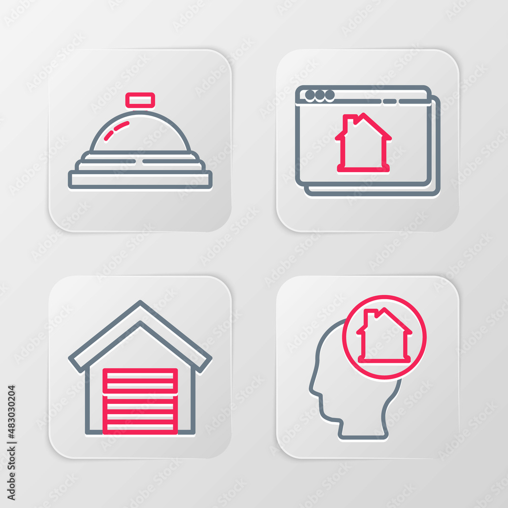 Set line Man dreaming about buying house, Garage, Online real estate and Hotel service bell icon. Vector Set line Man dreaming about buying house, Garage, Online real estate and Hotel service bell icon. Vector