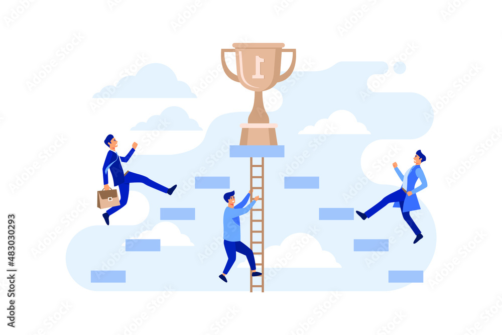 Three businessmen climb the ladder to the goal on the trophy on sky. To be one of the highest achievers. flat vector illustration Three businessmen climb the ladder to the goal on the trophy on sky. To be one of the highest achievers. flat vector illustration