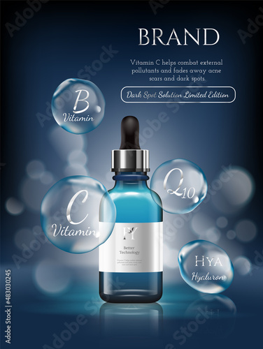 Hyaluronic Acid Moisturizing Skin-care Serum and extract ads. Vector Illustration with Serum container.