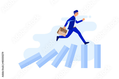 businessman running on top of domino effect.Business crisis. Business Concept. flat vector illustration 