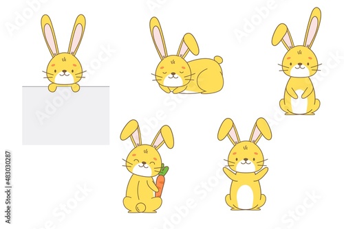 Set of sweet and cute yellow bunny rabbits isolated icon on white background in cartoon kawaii style. Vector clip art character children illustration.