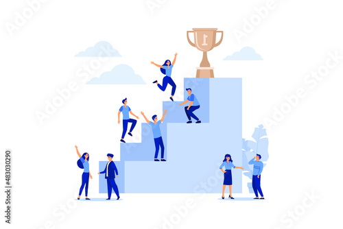 businessmen climb the ladder to the goal in the form of a golden cup, competition, career planning, career development concept, teamwork flat vector illustration 