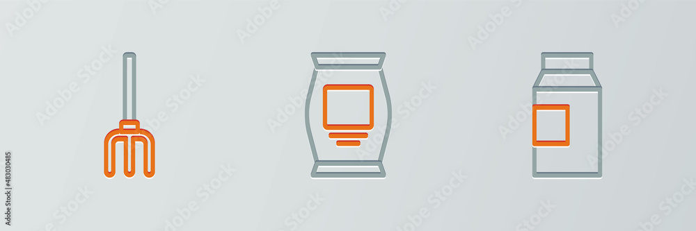 Set line Paper package for milk, Garden pitchfork and Fertilizer bag icon. Vector Set line Paper package for milk, Garden pitchfork and Fertilizer bag icon. Vector