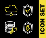 Set line Shield with check mark, dollar, Server security key and Network cloud connection icon. Vector