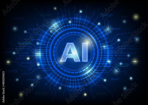 Artificial Intelligence AI icon, AI and machine learning concept. Neural network, Abstract technology blue background
