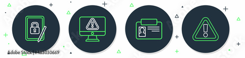Set line Monitor with exclamation mark, Identification badge, Tablet closed padlock and Exclamation in triangle icon. Vector