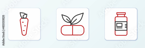 Set line Collagen serum, Carrot and Medical pill with plant icon. Vector