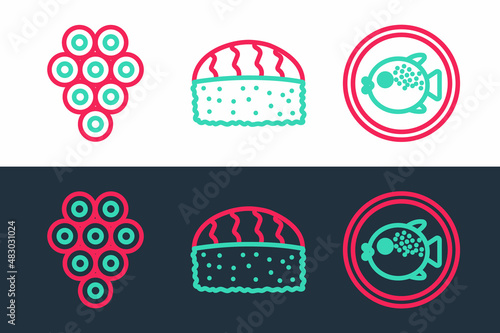 Set line Puffer fish on a plate, Caviar and Sushi icon. Vector