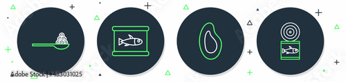 Set line Canned fish, Mussel, Caviar on spoon and icon. Vector