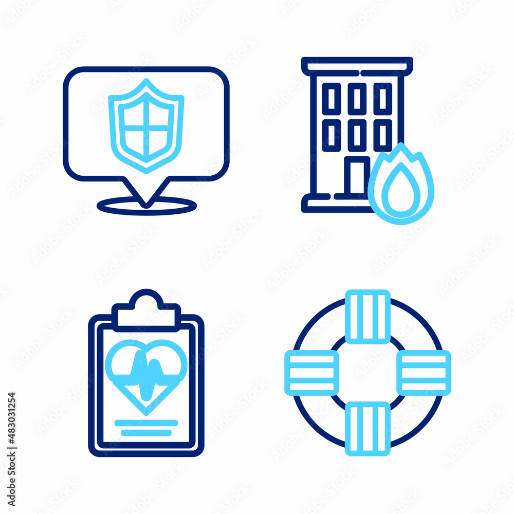 Set line Lifebuoy, Health insurance, Fire burning house and Location shield icon. Vector Set line Lifebuoy, Health insurance, Fire burning house and Location shield icon. Vector