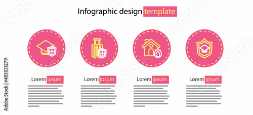 Set line Fire in burning house, Graduation cap with shield, House insurance and icon. Vector