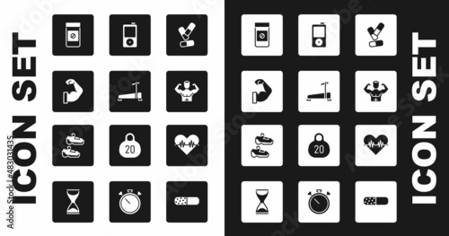 Set Vitamin pill, Treadmill machine, Bodybuilder muscle, Anabolic drugs, Music player, Heart rate and Sport sneakers icon. Vector