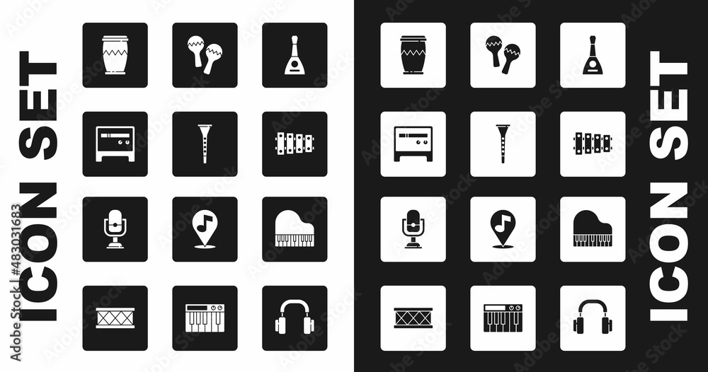 Set Balalaika, Clarinet, Guitar amplifier, Drum, Xylophone, Maracas, Grand piano and Microphone icon. Vector Set Balalaika, Clarinet, Guitar amplifier, Drum, Xylophone, Maracas, Grand piano and Microphone icon. Vector