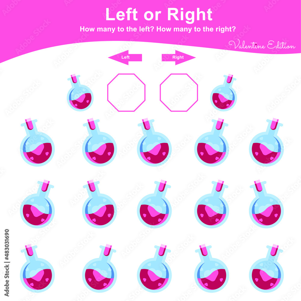 Left or Right Game for Preschool Children. Valentine Worksheet activity for kids. Education math printable worksheet to counting how many are left and right. Vector illustration. Left or Right Game for Preschool Children. Valentine Worksheet activity for kids. Education math printable worksheet to counting how many are left and right. Vector illustration.