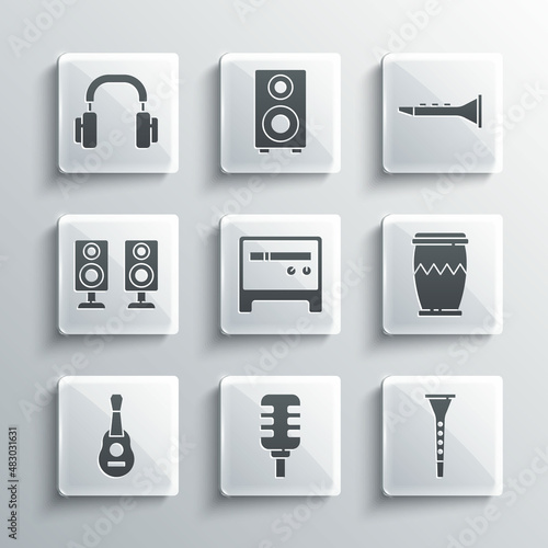 Set Microphone, Clarinet, Drum, Guitar amplifier, Stereo speaker, Headphones and icon. Vector