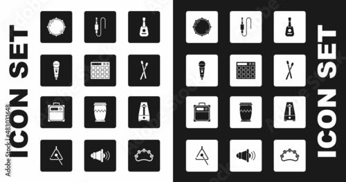 Set Guitar, Drum machine, Microphone, Dial knob level, sticks, Audio jack, Metronome with pendulum and amplifier icon. Vector