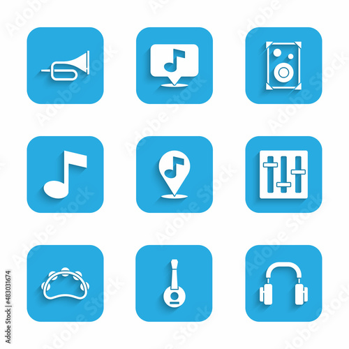Set Location musical note, Banjo, Headphones, Sound mixer controller, Tambourine, Music tone, Stereo speaker and Trumpet icon. Vector