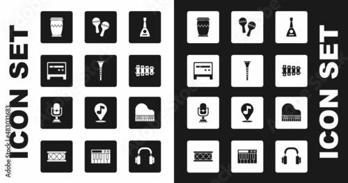 Set Balalaika, Clarinet, Guitar amplifier, Drum, Xylophone, Maracas, Grand piano and Microphone icon. Vector