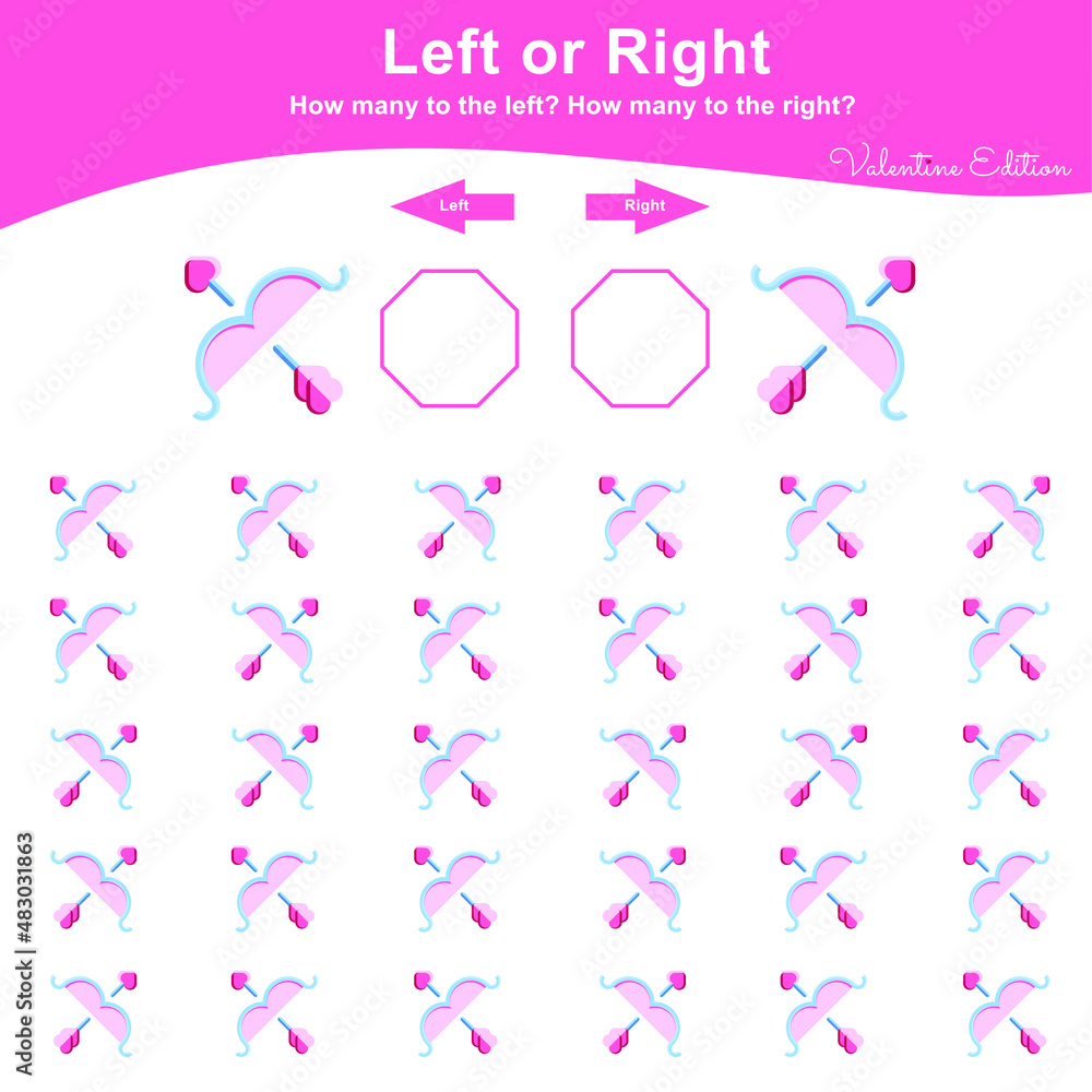 Left or Right Game for Preschool Children. Valentine Worksheet activity for kids. Education math printable worksheet to counting how many are left and right. Vector illustration. Left or Right Game for Preschool Children. Valentine Worksheet activity for kids. Education math printable worksheet to counting how many are left and right. Vector illustration.