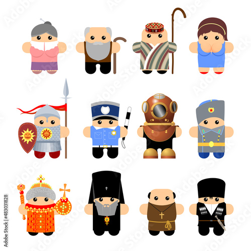 Set of funny cartoon characters: grandmother, old woman, grandfather, shepherd, highlander, girl, woman, warrior, knight, diver, marshal, general, king, patriarch, churchman, brave, Caucasian