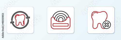 Set line Tooth with caries, whitening and Dental floss icon. Vector